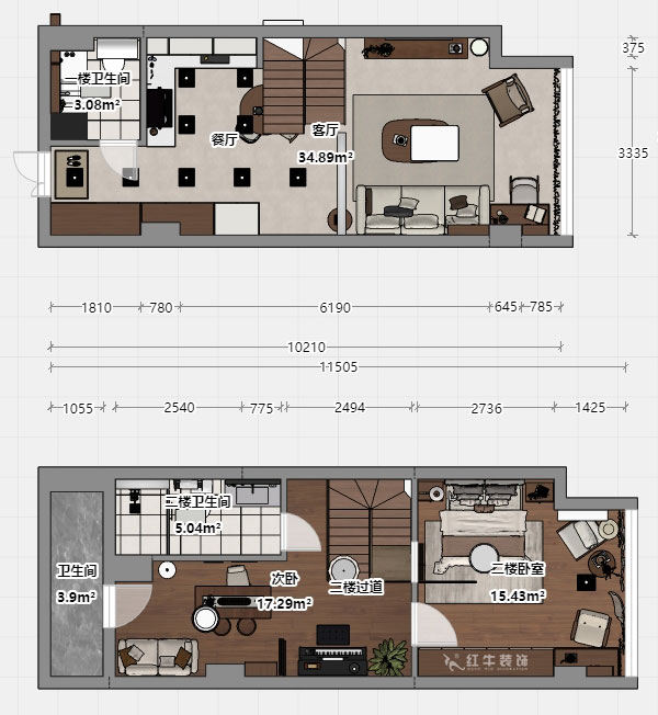 朱明琪｜瑞鑫兰庭综合楼1708-50㎡复式-现代简约风格｜loft公寓｜2室2厅2卫｜老房装修｜定制家｜全包12万｜00_03平面彩图